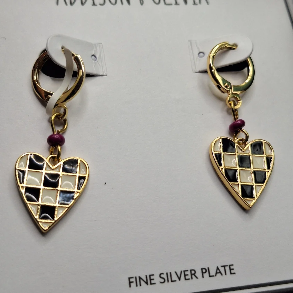 Addison & Olivia Checkered Heart Drop Earrings | Fine Silver Plate | Boxed